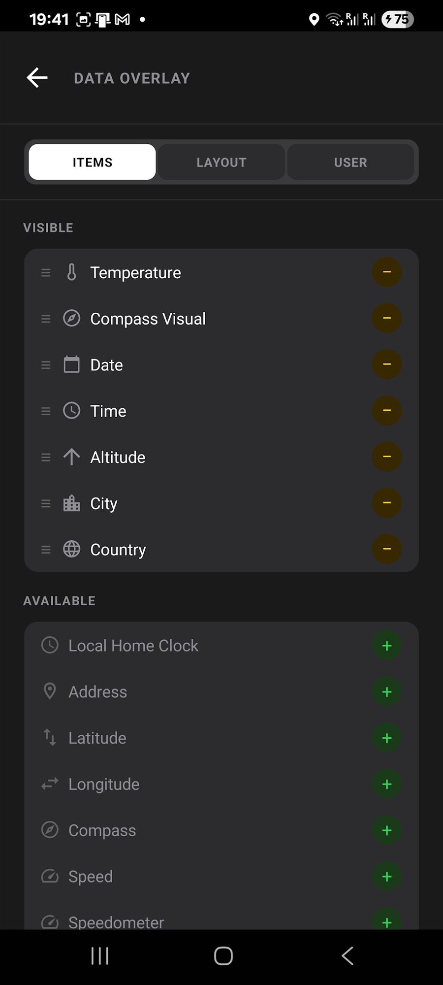 The Data Overlay settings screen, with a list of visible items such as temperature, compass, date, time, altitude, city and country, and more available below.