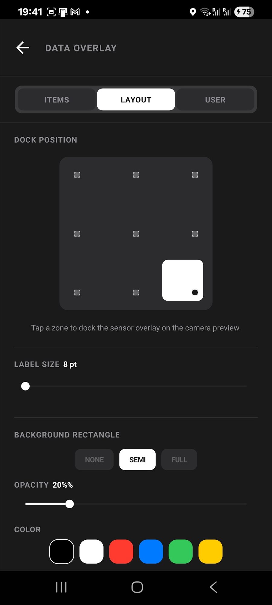 The overlay layout settings, with a grid to dock the overlay in any corner, plus label size, background style, opacity and colour choices.
