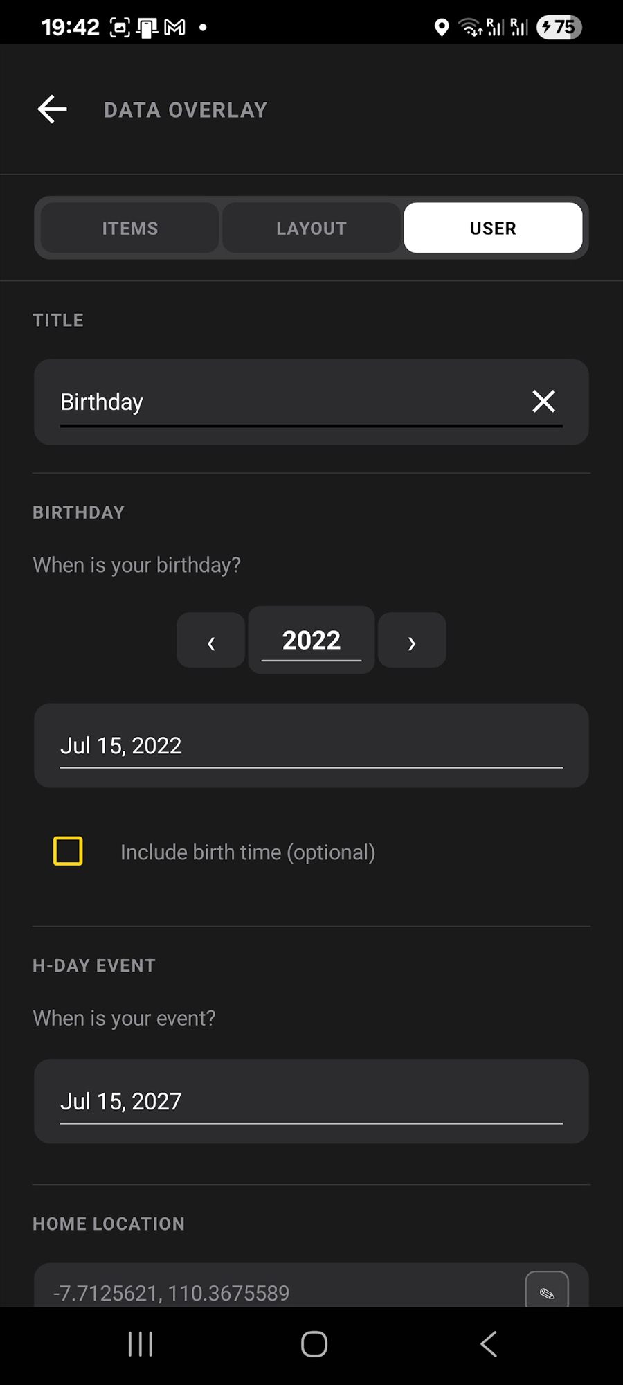 The user settings tab with a title field reading Birthday, a birthday date, an event date for the day counter, and a home location.