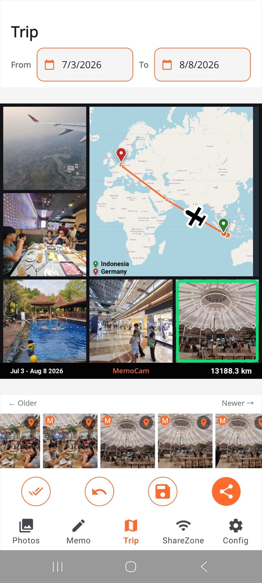 MemoShare Trip view showing a world map with a route line from Indonesia to Germany, a photo collage and a total distance of 13,188.3 km.