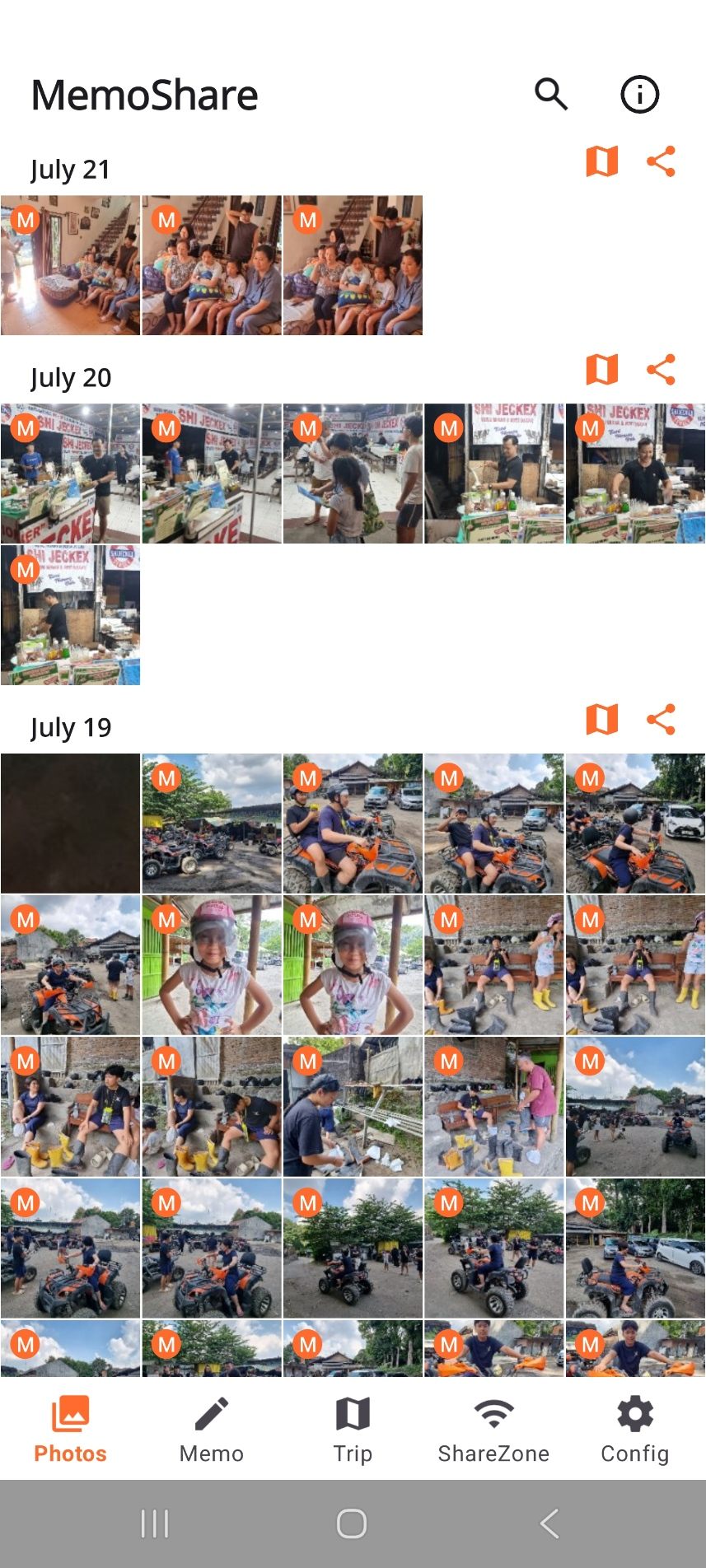 The MemoShare photo list, grouped under the headings July 21, July 20 and July 19, with an orange M badge on photos taken with MemoCam.