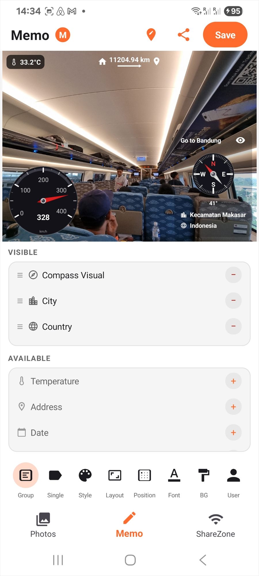 The editor with a list of visible items such as the compass, city and country, and more available items such as temperature, address and date.