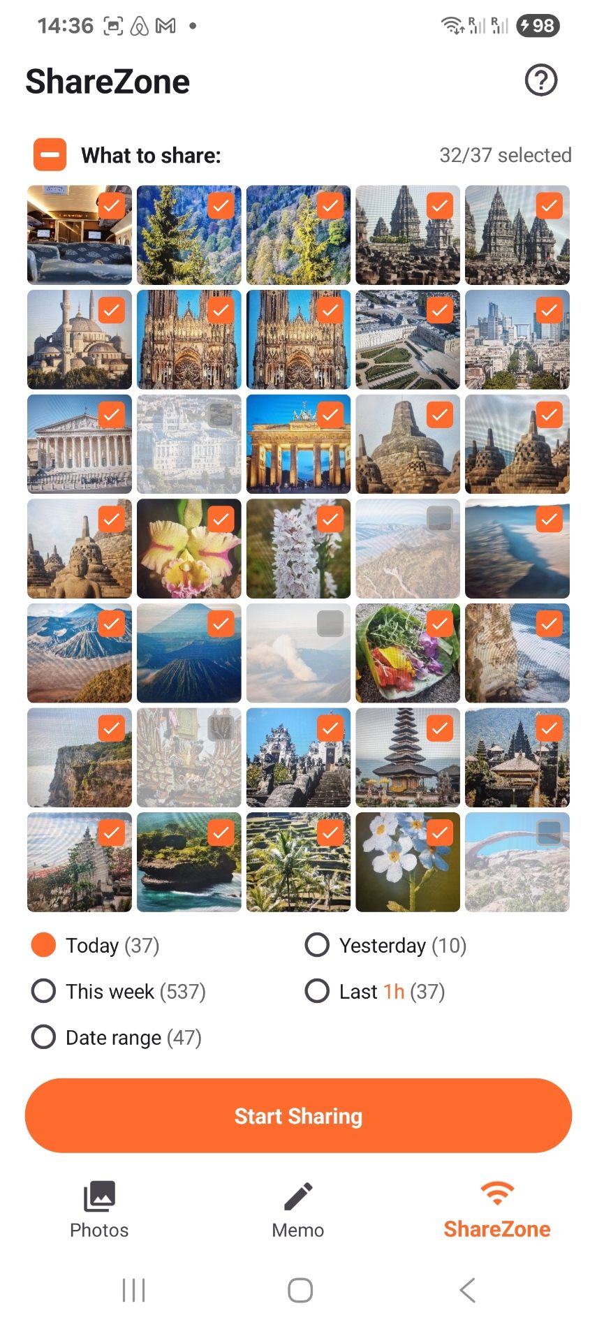 The ShareZone screen with a grid of selected photos reading 32 of 37 selected, date filters, and a large Start Sharing button.