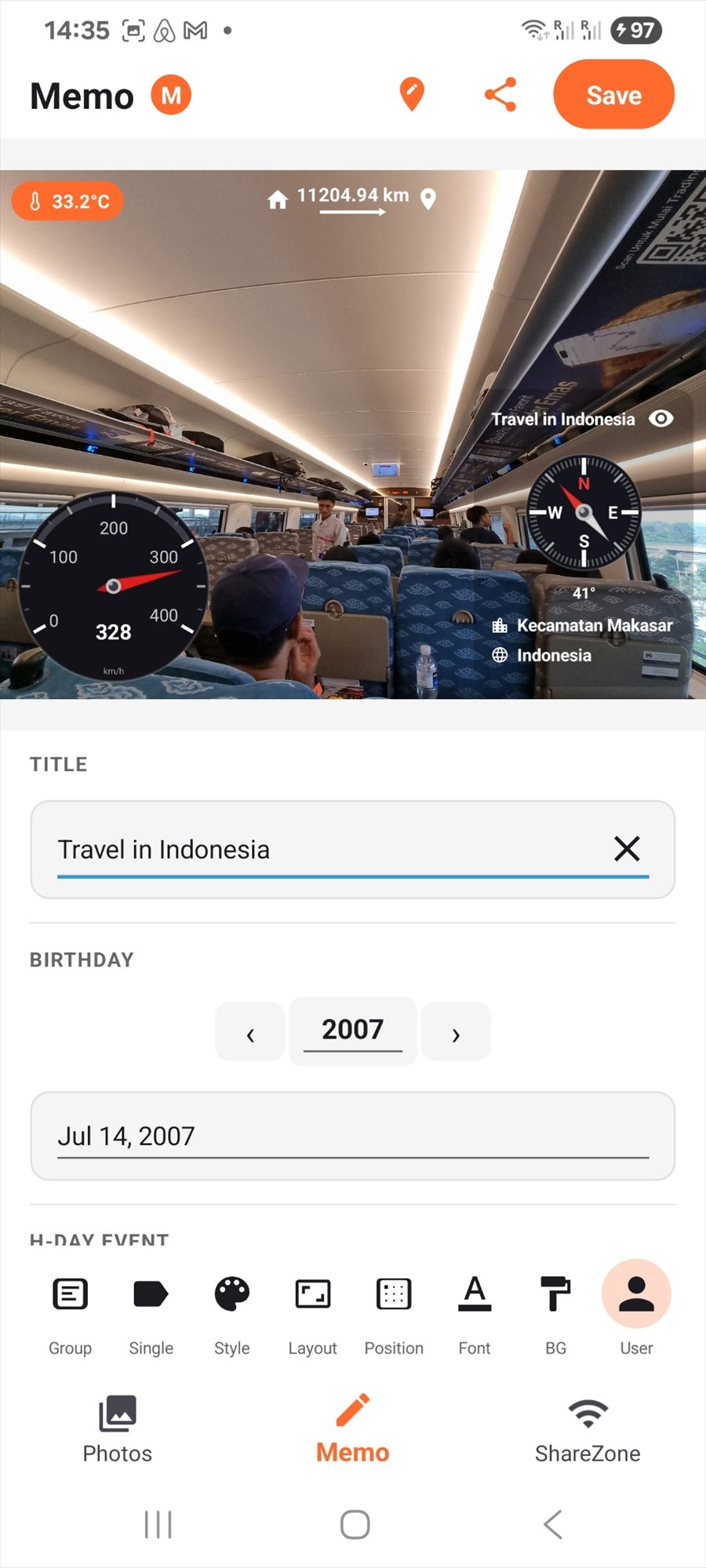 The user tab with a title field reading Travel in Indonesia, a birthday date and an event date field.